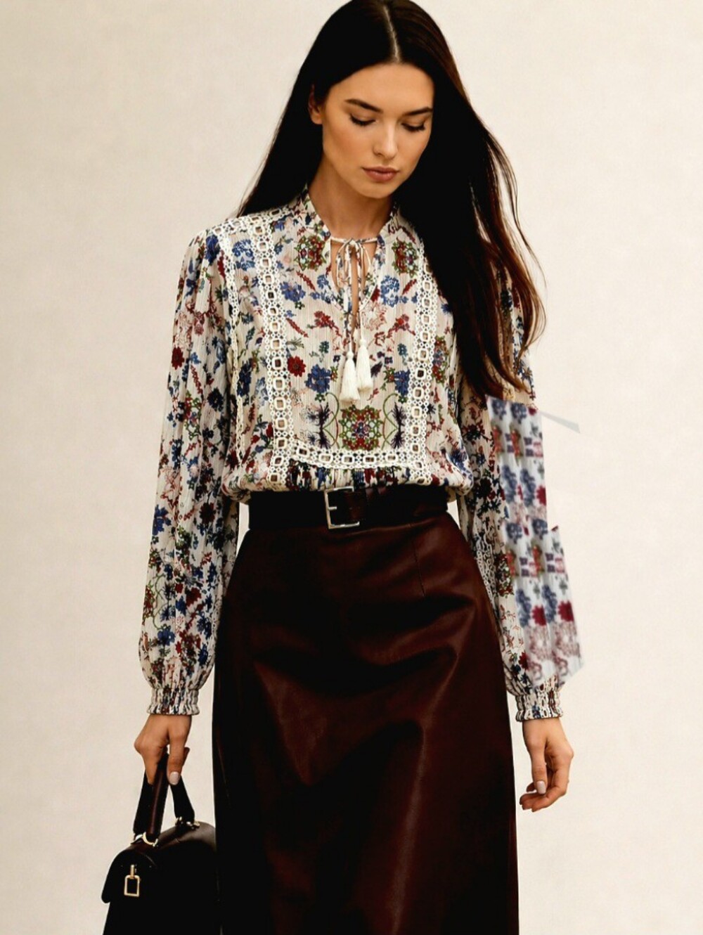 NEWOT🐞LAVA Boho White Floral Puff Sleeve Blouse with Lace & Tassels Tie Sz: L